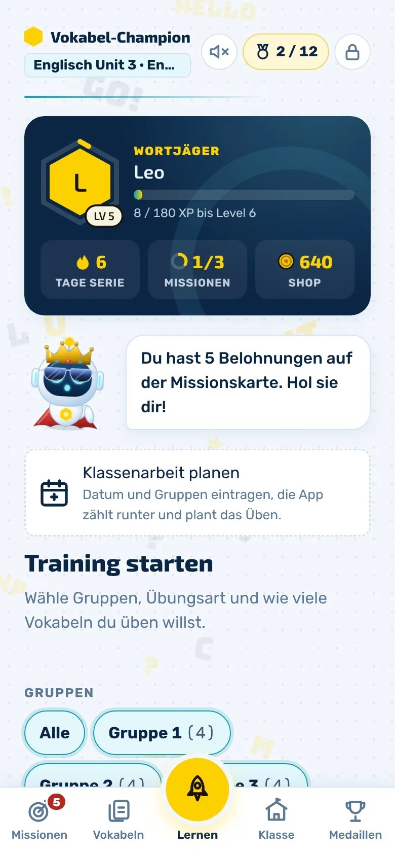 Übersicht der App mit Level, Tagesserie, Missionen und Münzen