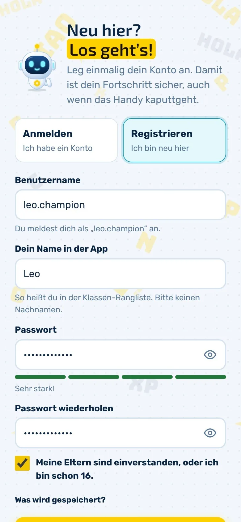 Registrierung mit Benutzername, Name und Passwort